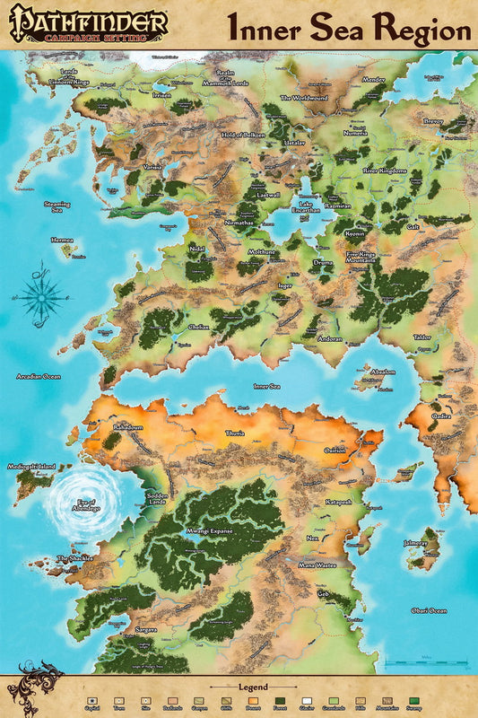 Pathfinder Campaign Setting Poster Golarion Inner Sea Region Map Print Fantasy Tabletop RPG Wall Art