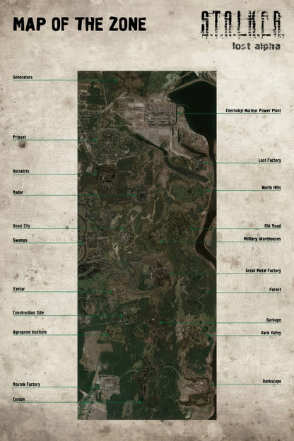 S.T.A.L.K.E.R. Video Game Poster Lost Alpha Map of the Zone Print Post-Apocalyptic Sci-Fi Wall Art Decor