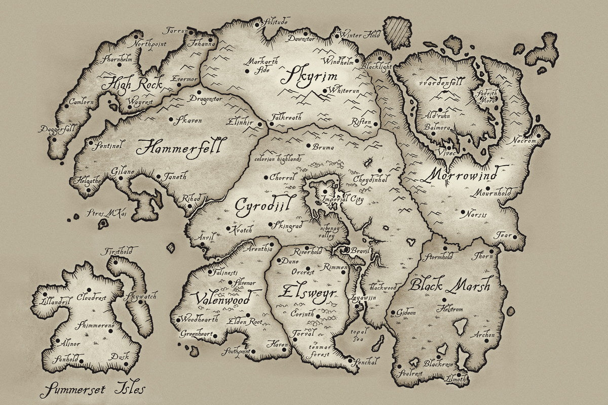 The Elder Scrolls Video Game Poster Tamriel Continent Map Print RPG Fantasy Gamer Wall Art Decor