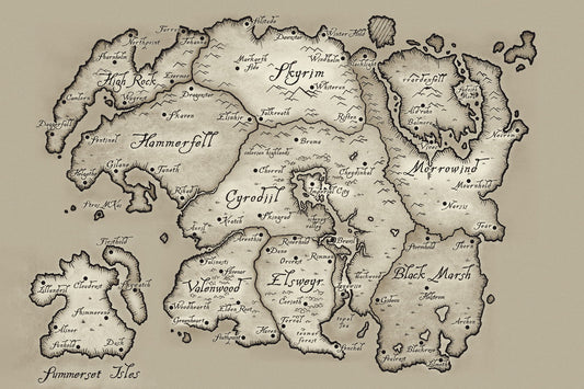 The Elder Scrolls Video Game Poster Tamriel Continent Map Print RPG Fantasy Gamer Wall Art Decor