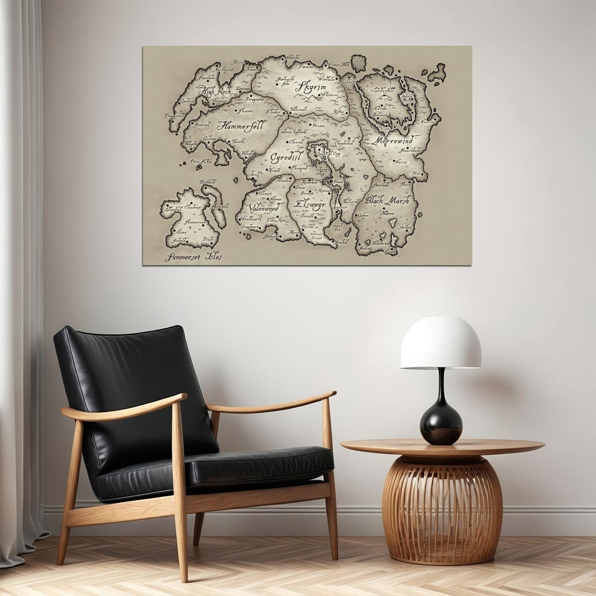 The Elder Scrolls Video Game Poster Tamriel Continent Map Print RPG Fantasy Gamer Wall Art Decor