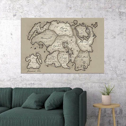 The Elder Scrolls Video Game Poster Tamriel Continent Map Print RPG Fantasy Gamer Wall Art Decor