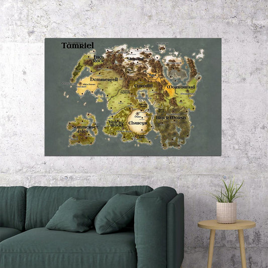 The Elder Scrolls Poster Tamriel World Map Print RPG Fantasy Gamer Wall Art Open World Decor