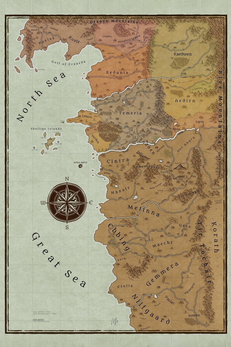 The Witcher Poster The Continent Map Print Fantasy RPG Wall Art Game and Series Inspired Decor