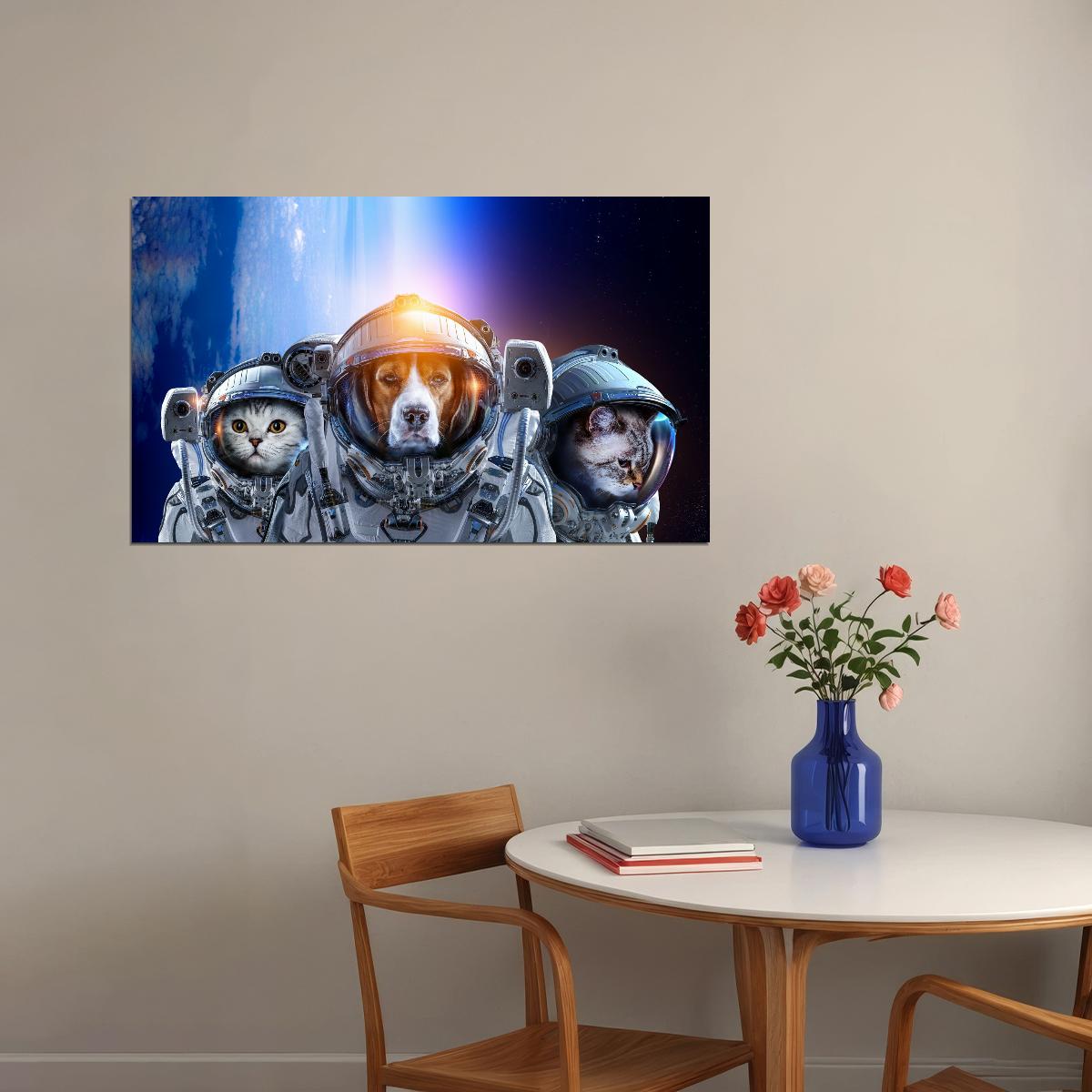 Three Astronaut Pets Two Cats And Dog Explore Space Animal Art Poster - xonomax