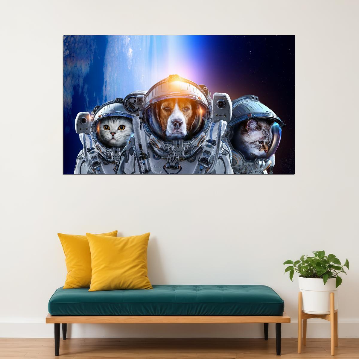 Three Astronaut Pets Two Cats And Dog Explore Space Animal Art Poster - xonomax