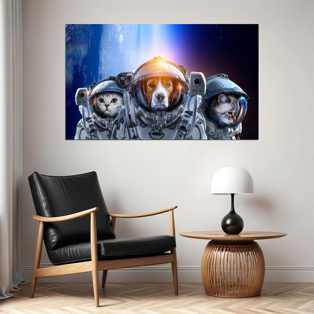 Three Astronaut Pets Two Cats And Dog Explore Space Animal Art Poster - xonomax