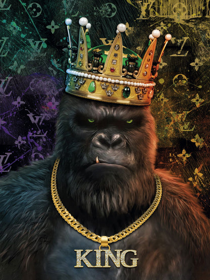 King of the Jungle: A Gorilla Wearing a Crown and Chain Animal Art Poster