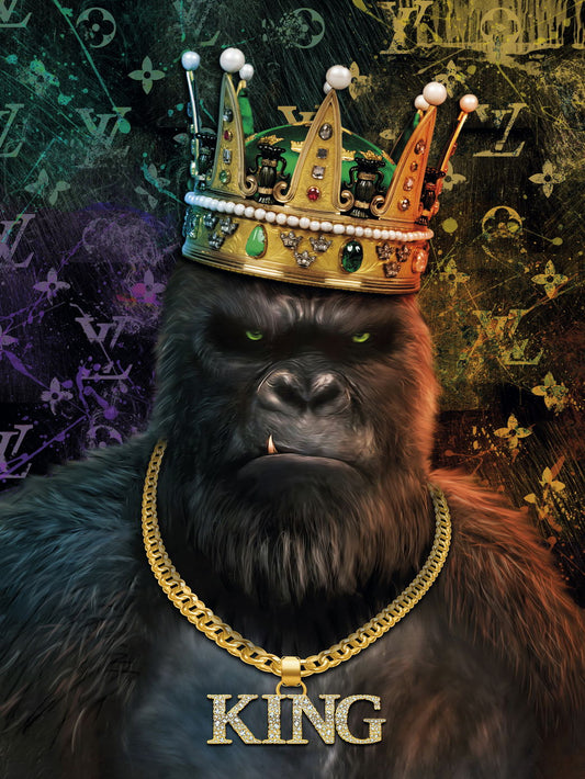 King of the Jungle: A Gorilla Wearing a Crown and Chain Animal Art Poster