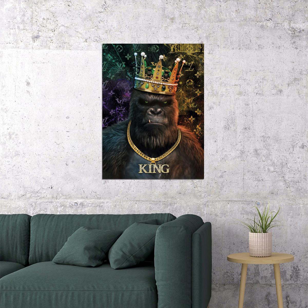 King of the Jungle: A Gorilla Wearing a Crown and Chain Animal Art Poster