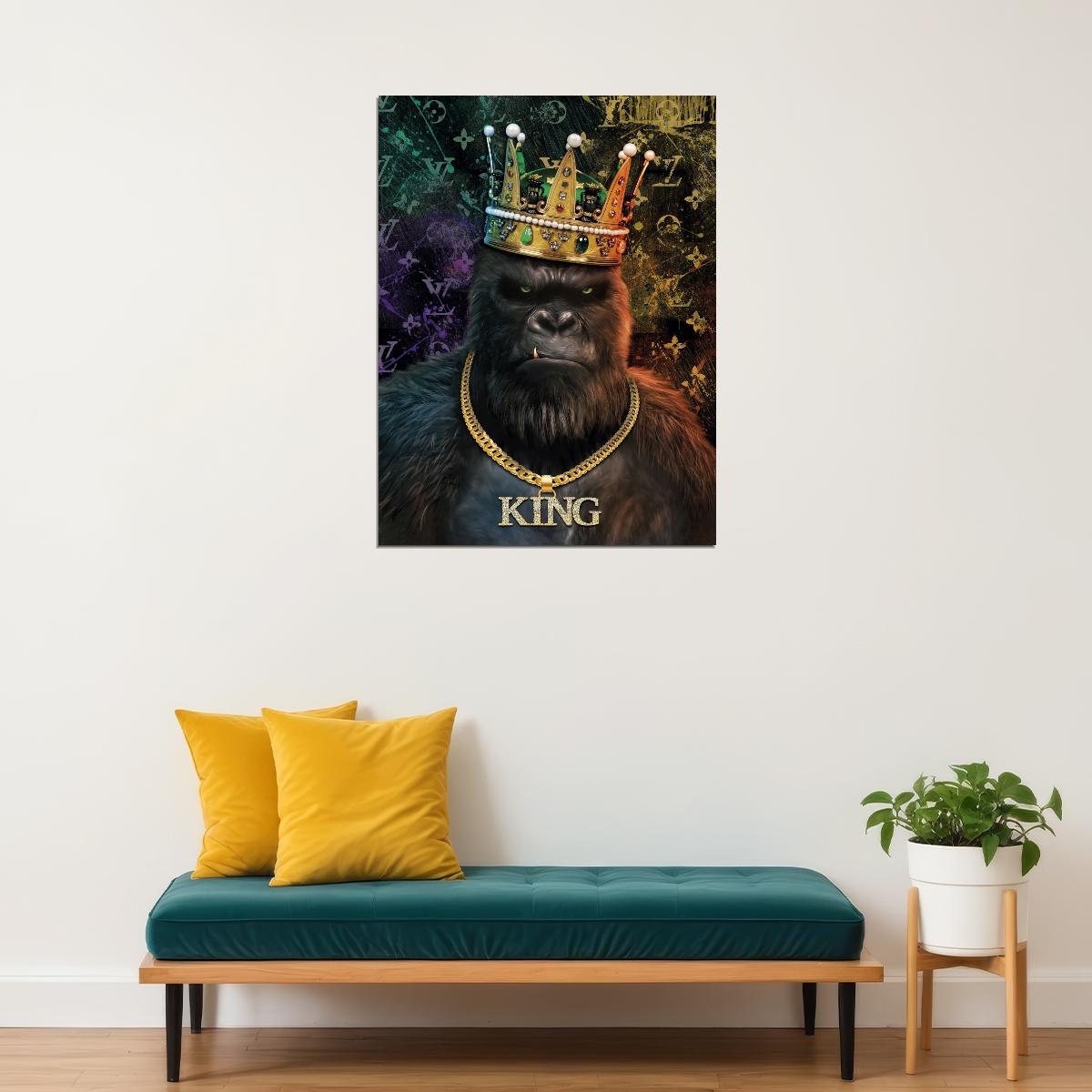 King of the Jungle: A Gorilla Wearing a Crown and Chain Animal Art Poster