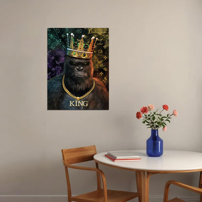 King of the Jungle: A Gorilla Wearing a Crown and Chain Animal Art Poster