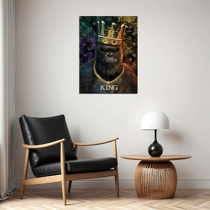 King of the Jungle: A Gorilla Wearing a Crown and Chain Animal Art Poster