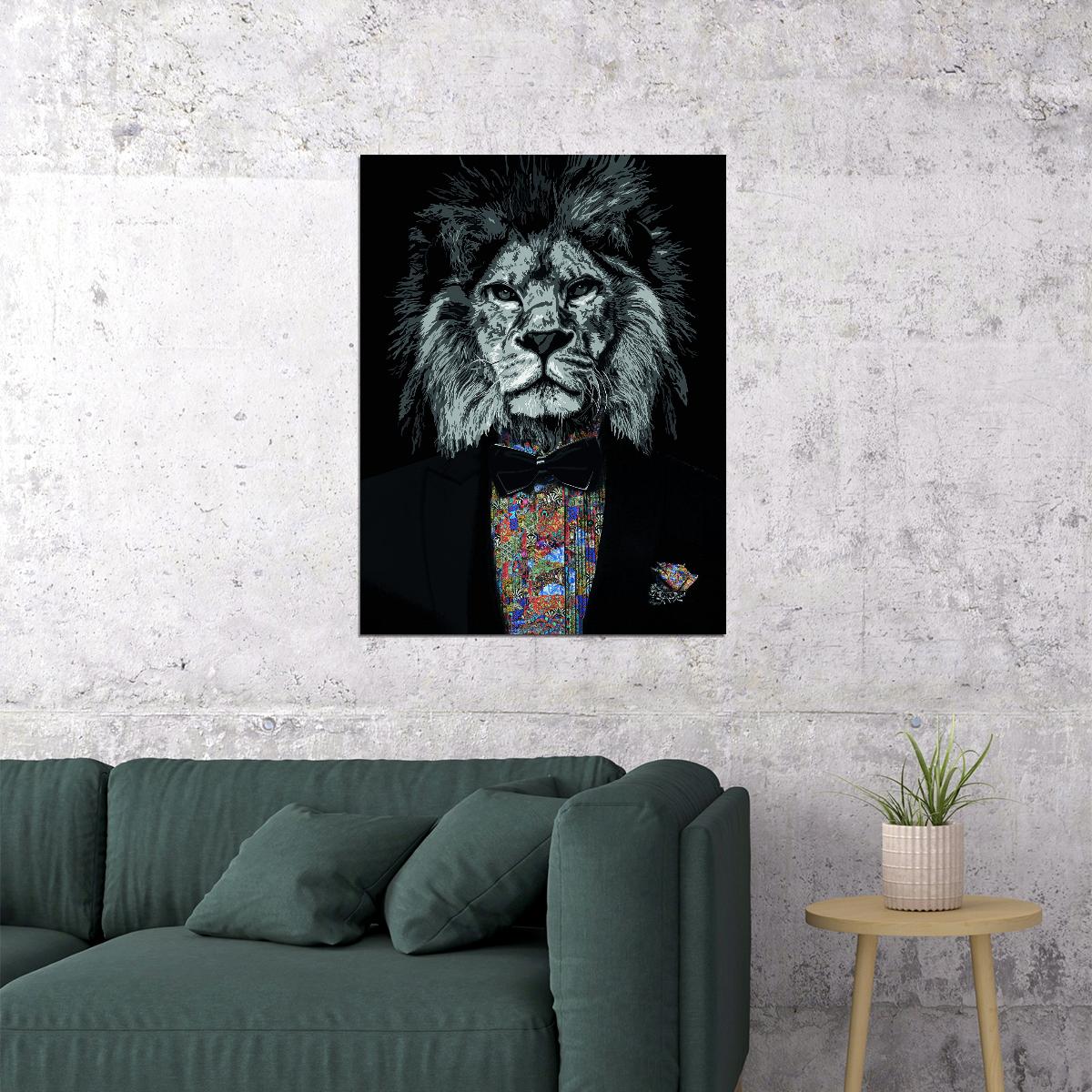Dressed to Impress: A Lion in a Suit and Bow Tie Animal Art Poster - xonomax