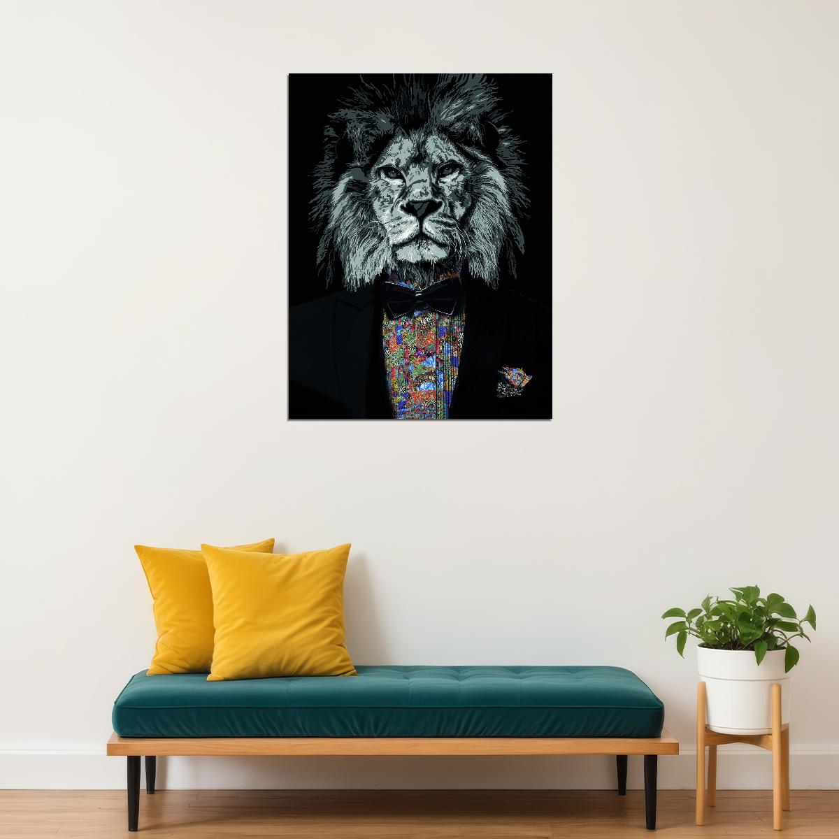 Dressed to Impress: A Lion in a Suit and Bow Tie Animal Art Poster - xonomax