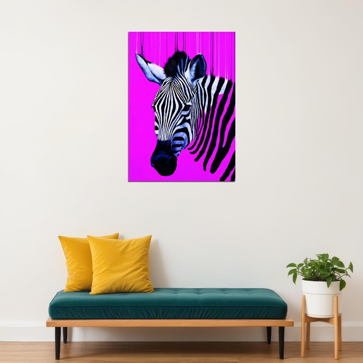 A Zebra's Stripes Pop Against Vivid Purple Background Animal Pop Art Poster