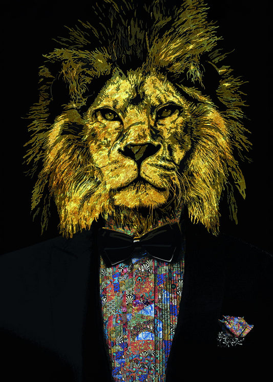 The Golden Lion A Regal and Sophisticated Creature in Black Tie Animal Art Poster - xonomax