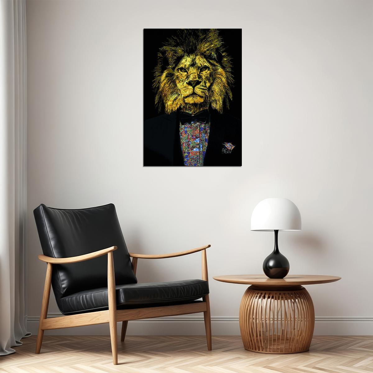 The Golden Lion A Regal and Sophisticated Creature in Black Tie Animal Art Poster - xonomax