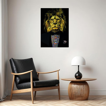The Golden Lion A Regal and Sophisticated Creature in Black Tie Animal Art Poster - xonomax