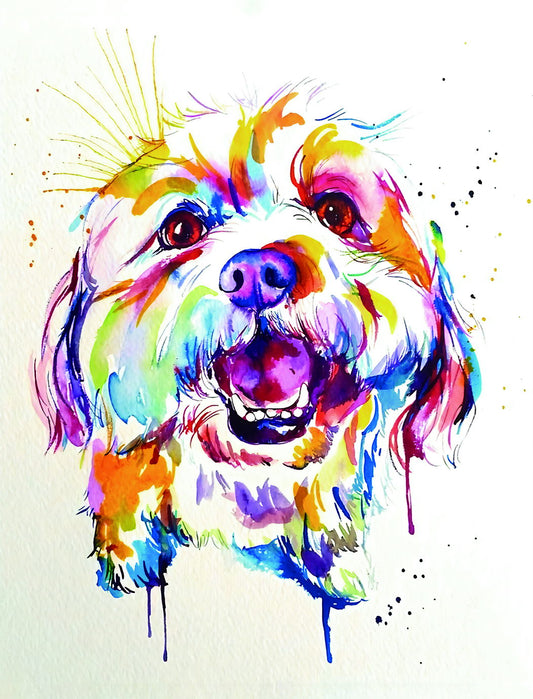 Smiling and Fluffy Dog Portrait in Watercolor Technique Animal Pop Art Poster - xonomax