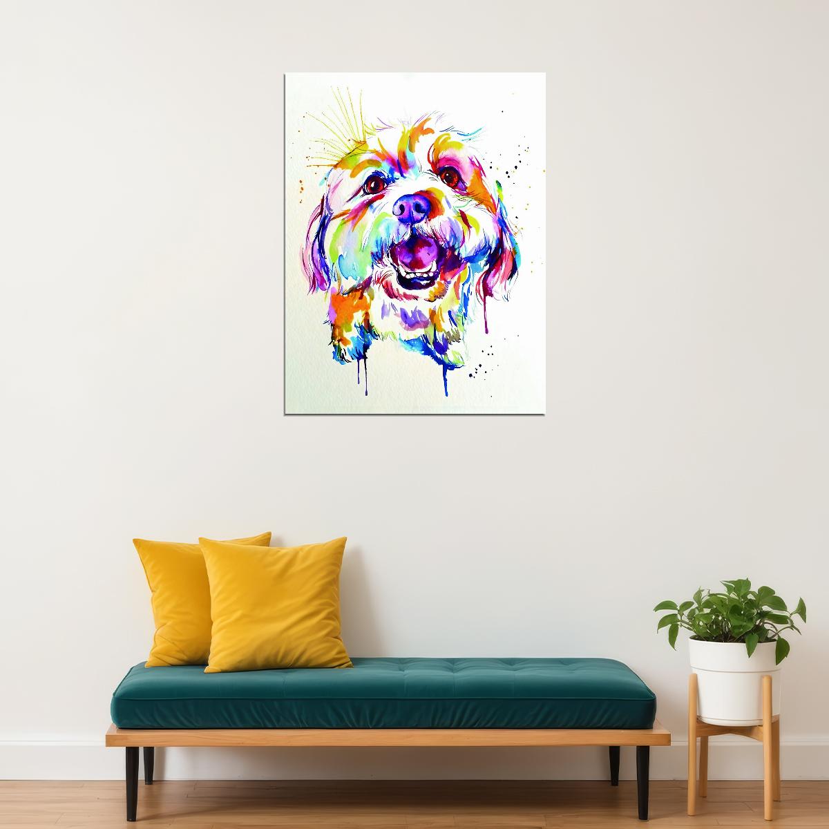 Smiling and Fluffy Dog Portrait in Watercolor Technique Animal Pop Art Poster - xonomax