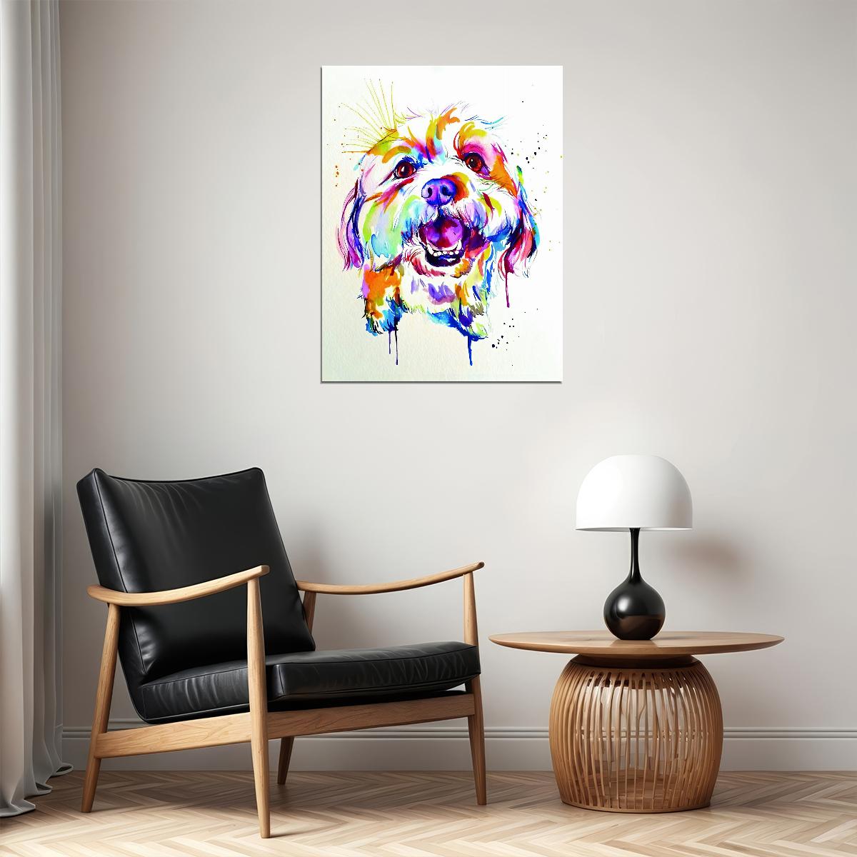Smiling and Fluffy Dog Portrait in Watercolor Technique Animal Pop Art Poster - xonomax