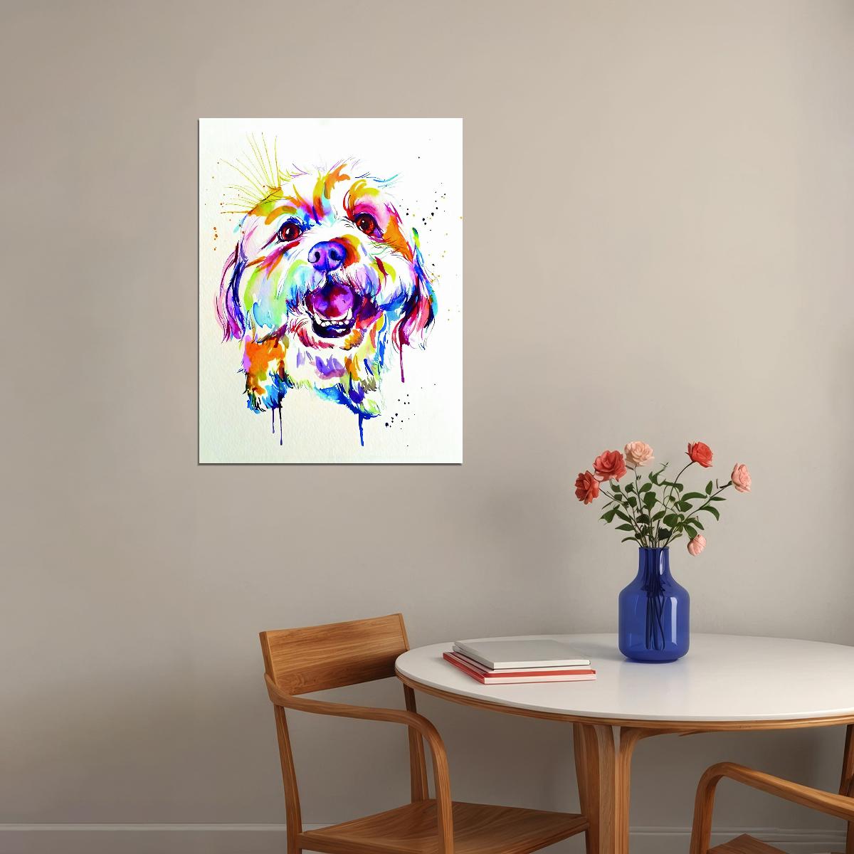 Smiling and Fluffy Dog Portrait in Watercolor Technique Animal Pop Art Poster - xonomax