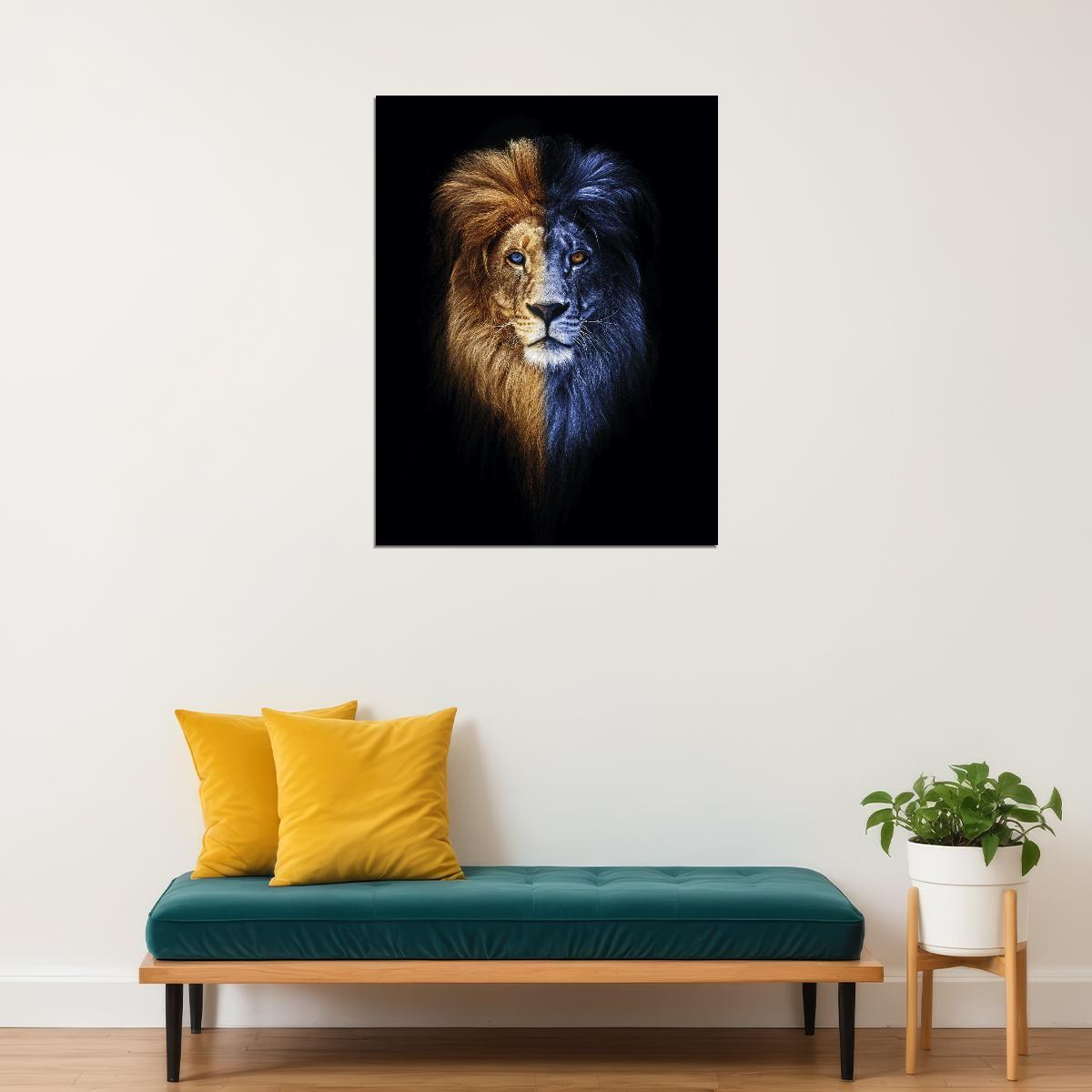 Two Sides of the Same Coin: A Lion's Journey from Darkness to Light Animal Pop Art Poster - xonomax