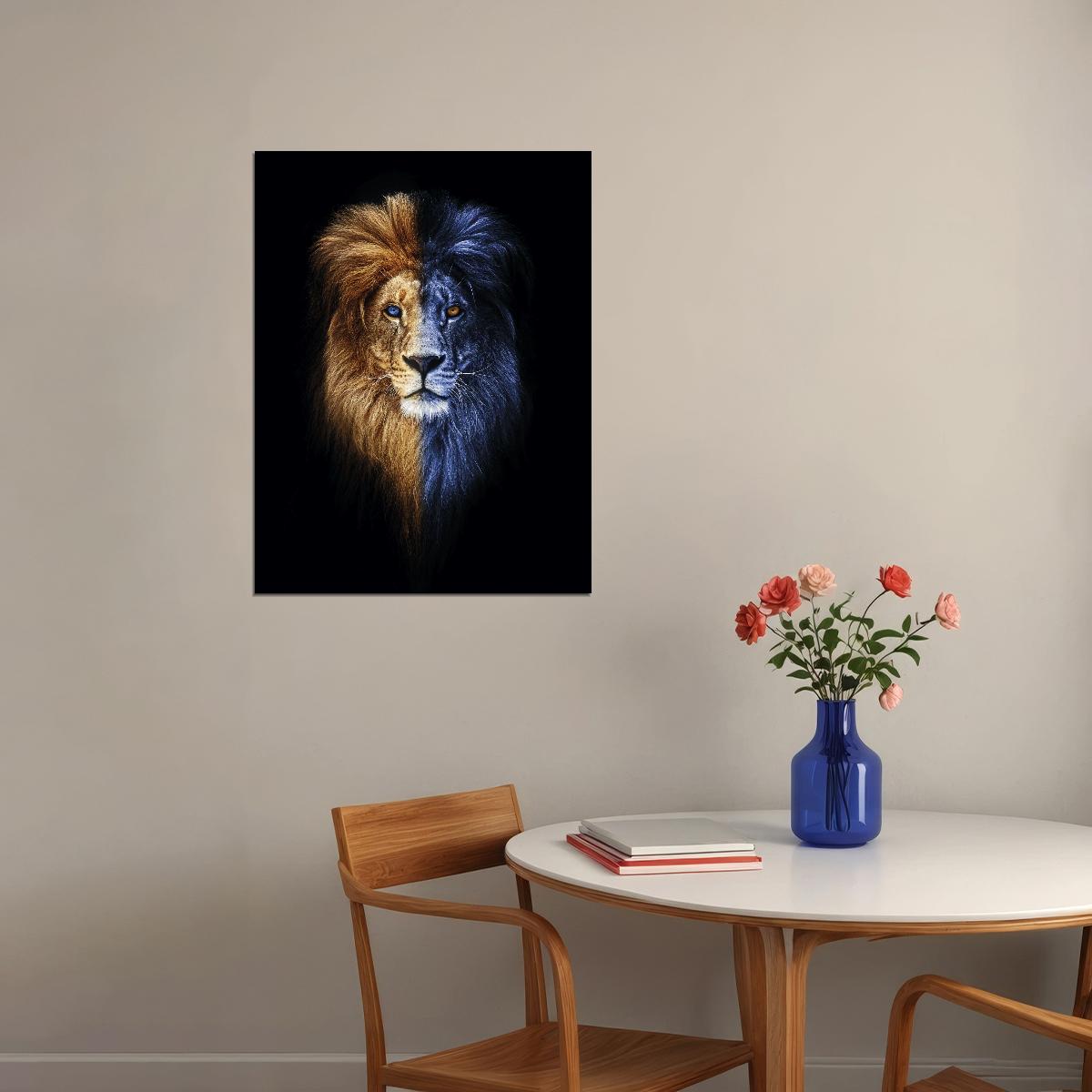 Two Sides of the Same Coin: A Lion's Journey from Darkness to Light Animal Pop Art Poster - xonomax