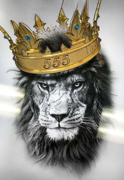 A Regal and Majestic Lion in Black and White with Golden Crown Animal Art Poster