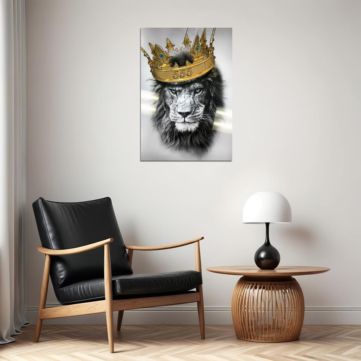 A Regal and Majestic Lion in Black and White with Golden Crown Animal Art Poster