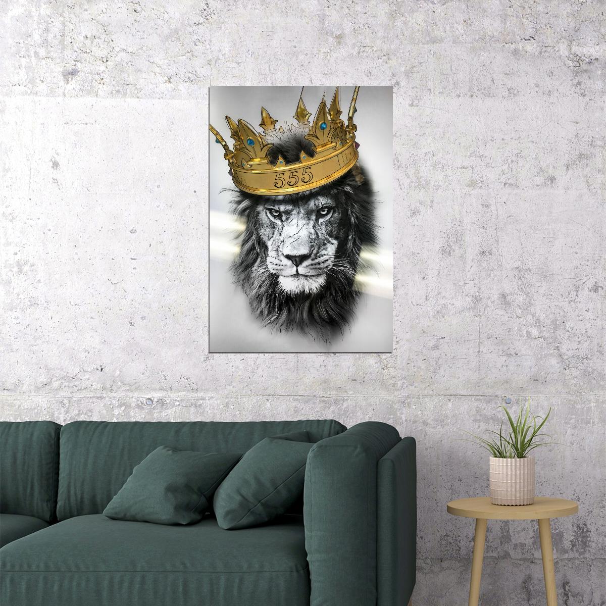 A Regal and Majestic Lion in Black and White with Golden Crown Animal Art Poster