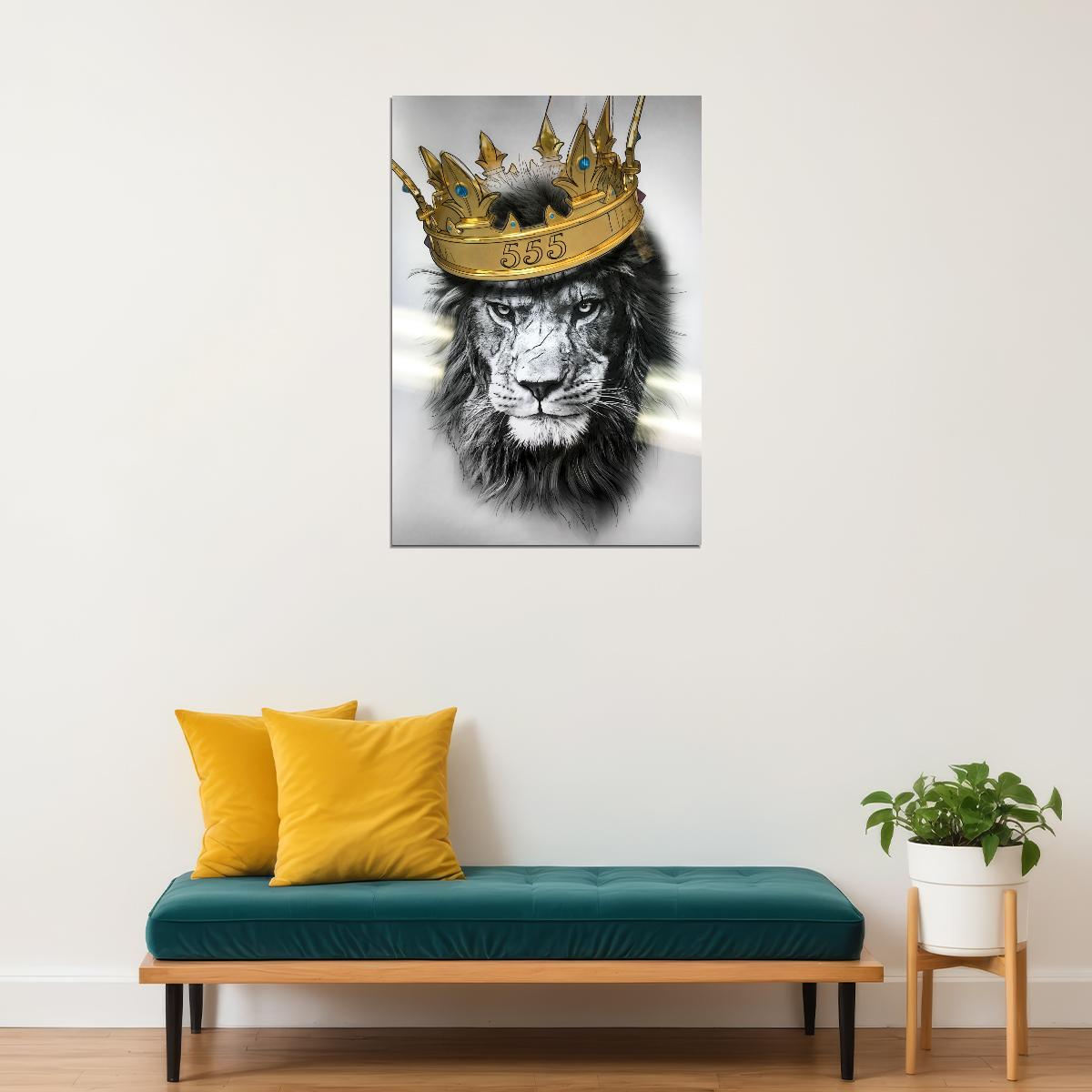 A Regal and Majestic Lion in Black and White with Golden Crown Animal Art Poster