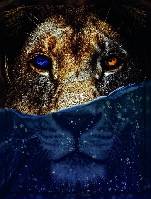 Feline Fusion Under Water Art Lion With Yellow and Blue Eyes Animal Art Poster - xonomax