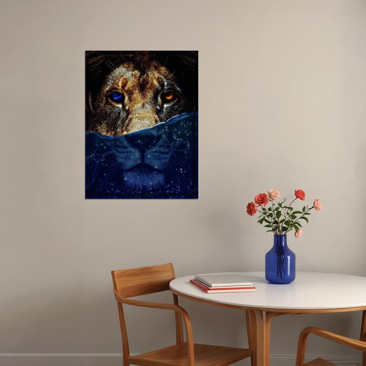 Feline Fusion Under Water Art Lion With Yellow and Blue Eyes Animal Art Poster - xonomax