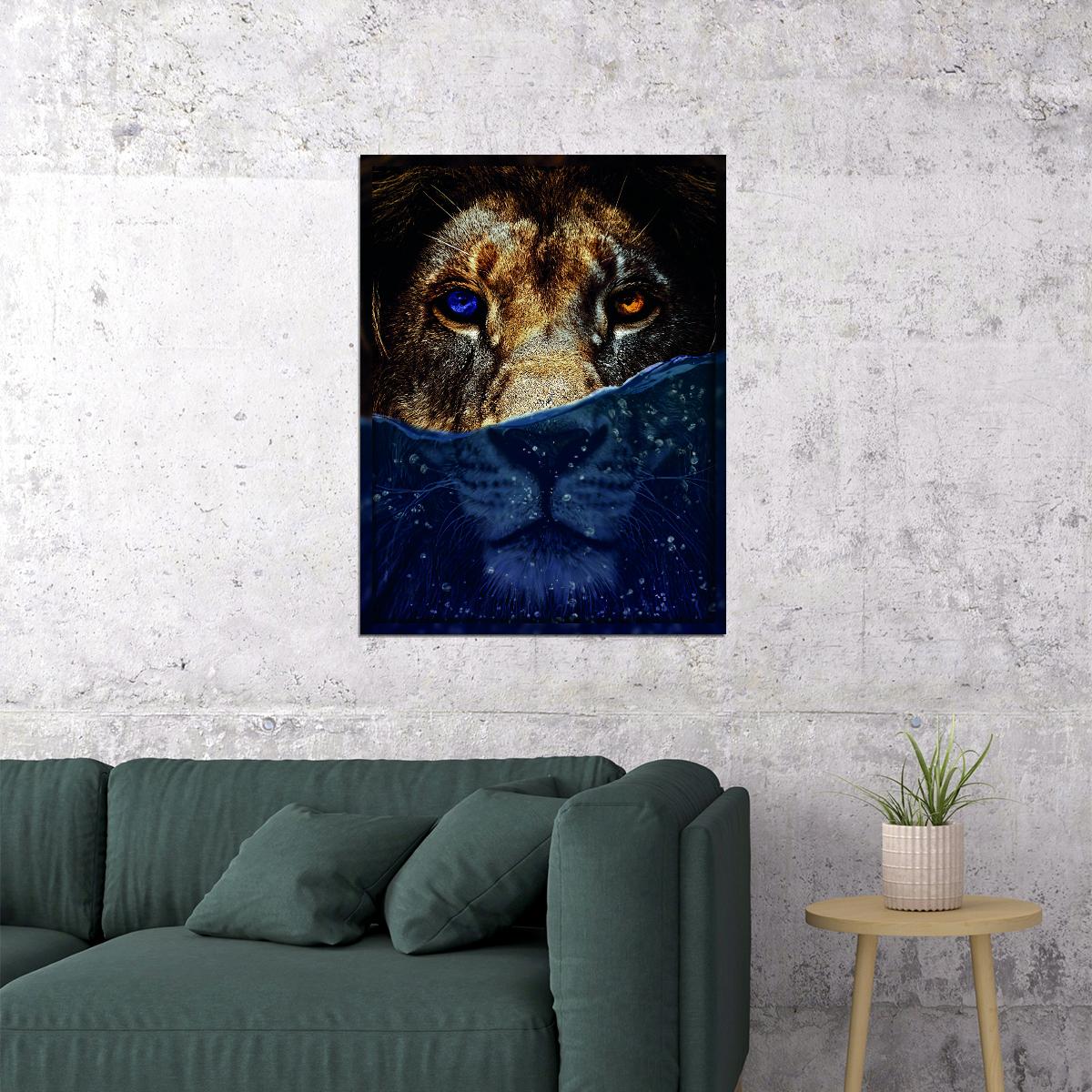 Feline Fusion Under Water Art Lion With Yellow and Blue Eyes Animal Art Poster - xonomax