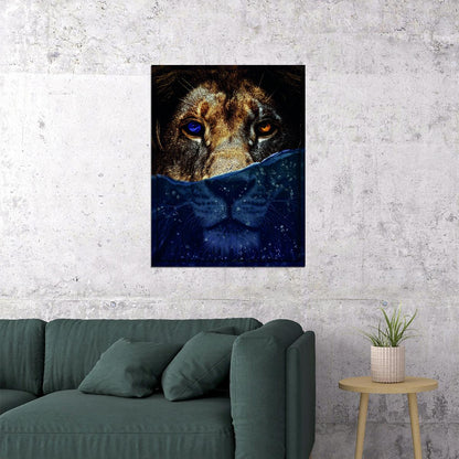 Feline Fusion Under Water Art Lion With Yellow and Blue Eyes Animal Art Poster - xonomax