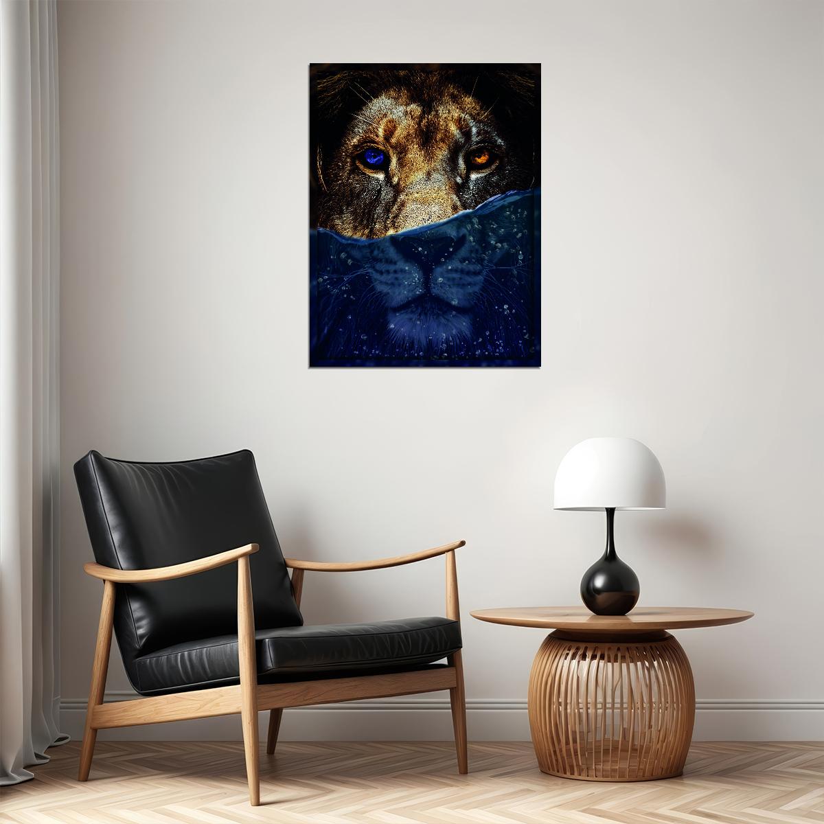 Feline Fusion Under Water Art Lion With Yellow and Blue Eyes Animal Art Poster - xonomax