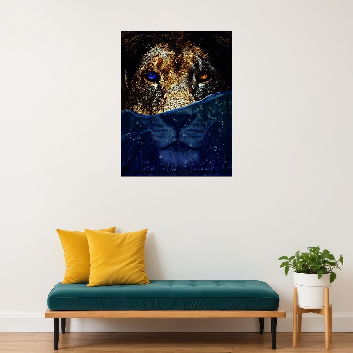 Feline Fusion Under Water Art Lion With Yellow and Blue Eyes Animal Art Poster - xonomax