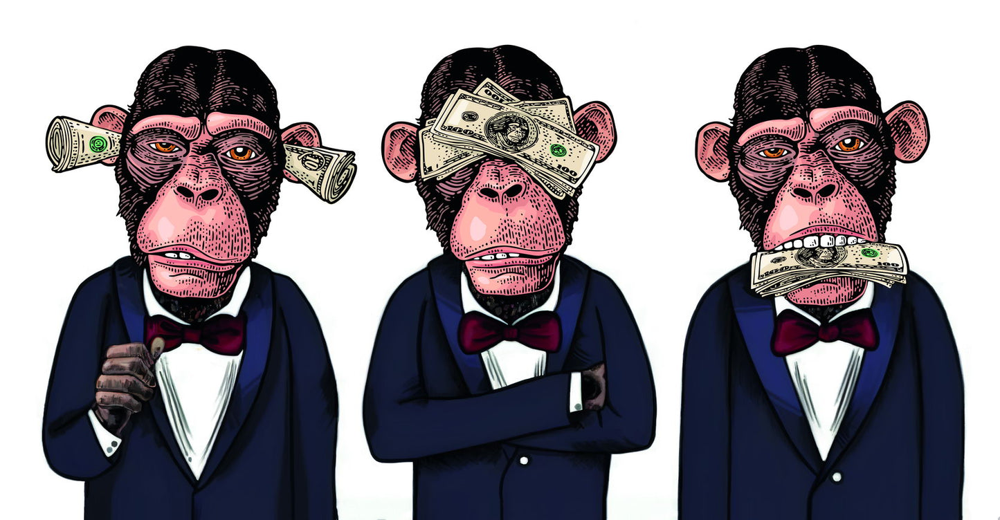The Cost of Silence: Three Monkeys Turn a Blind Eye to Corruption Animal Art Poster - xonomax