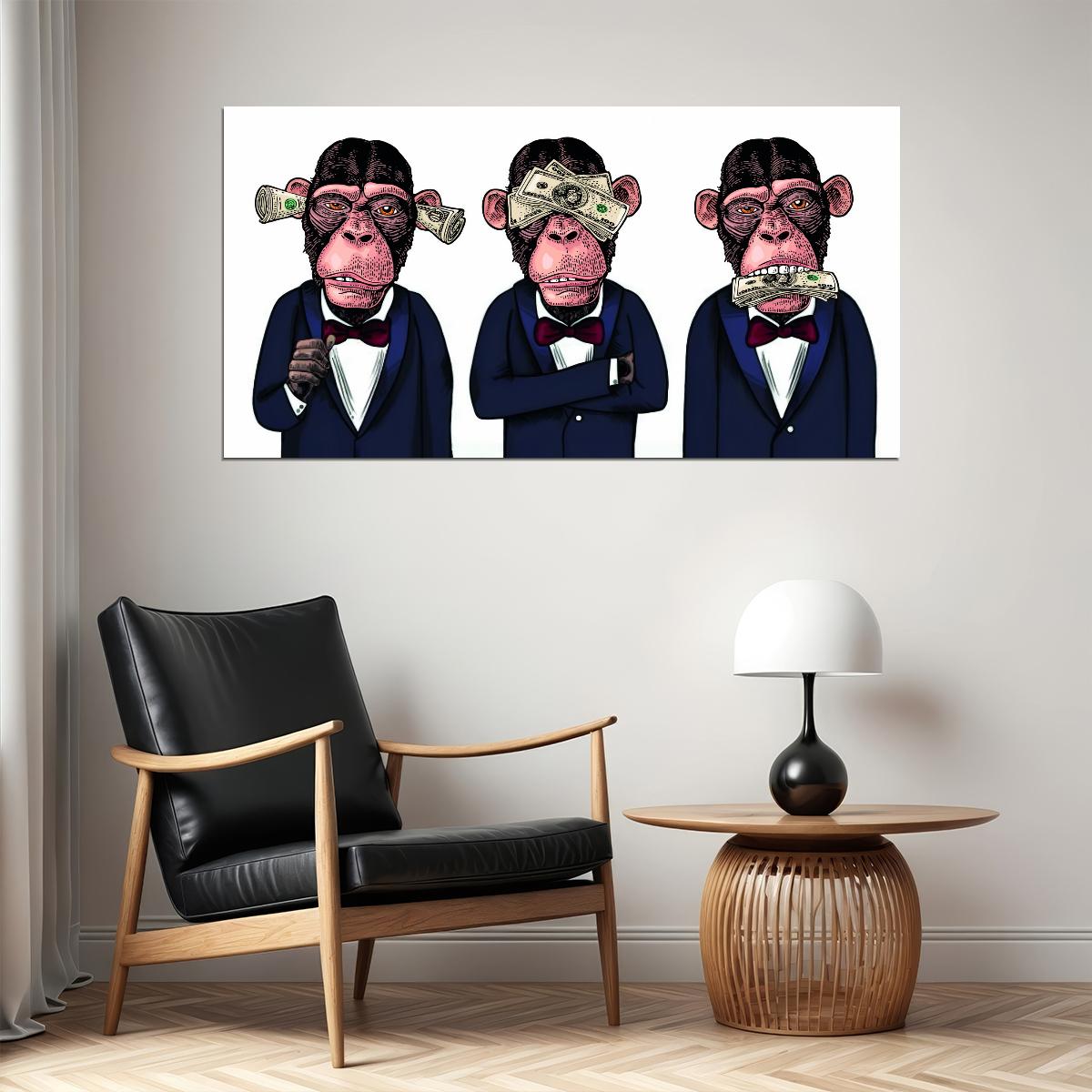 The Cost of Silence: Three Monkeys Turn a Blind Eye to Corruption Animal Art Poster - xonomax