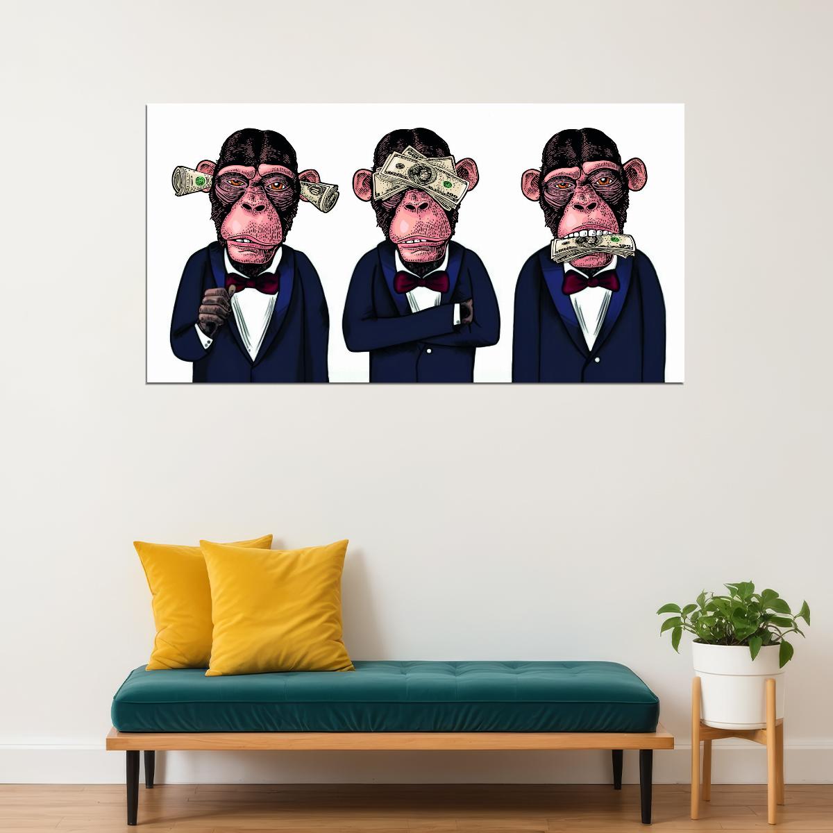 The Cost of Silence: Three Monkeys Turn a Blind Eye to Corruption Animal Art Poster - xonomax