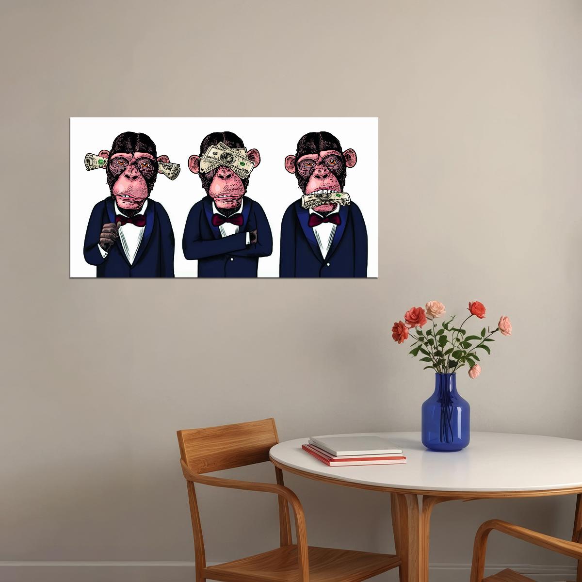 The Cost of Silence: Three Monkeys Turn a Blind Eye to Corruption Animal Art Poster - xonomax