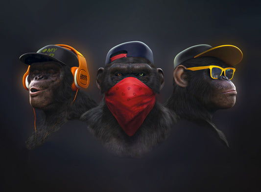 Monkeys Hip Hop Rappers Headphones Caps Snapbacks And Glasses Animal Pop Art Poster - xonomax