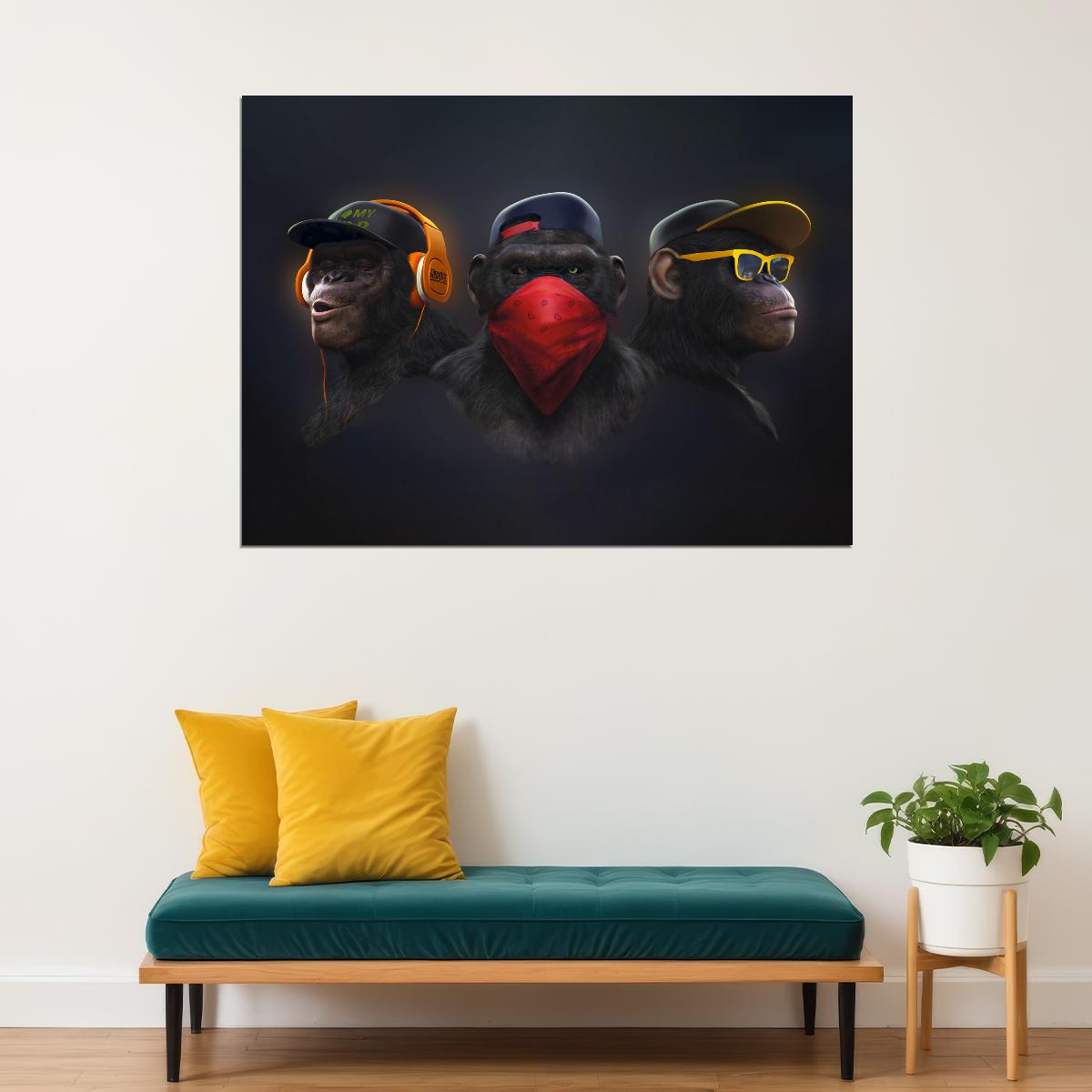 Monkeys Hip Hop Rappers Headphones Caps Snapbacks And Glasses Animal Pop Art Poster - xonomax
