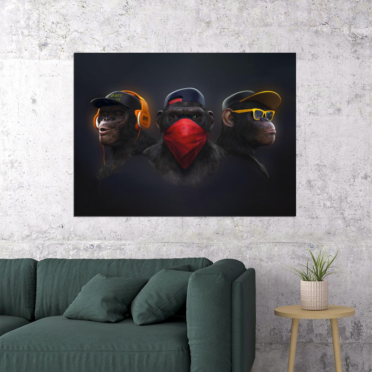 Monkeys Hip Hop Rappers Headphones Caps Snapbacks And Glasses Animal Pop Art Poster - xonomax