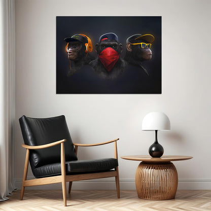 Monkeys Hip Hop Rappers Headphones Caps Snapbacks And Glasses Animal Pop Art Poster - xonomax