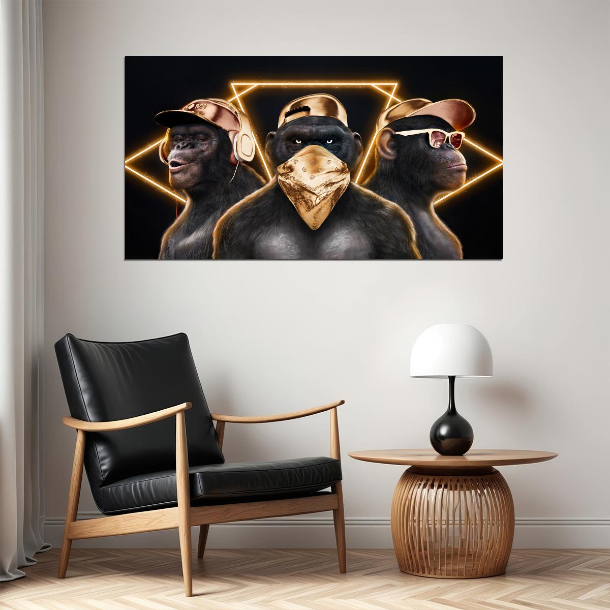Gold Monkeys Hip Hop Rappers Headphones Caps Snapbacks And Glasses Animal Pop Art Poster - xonomax