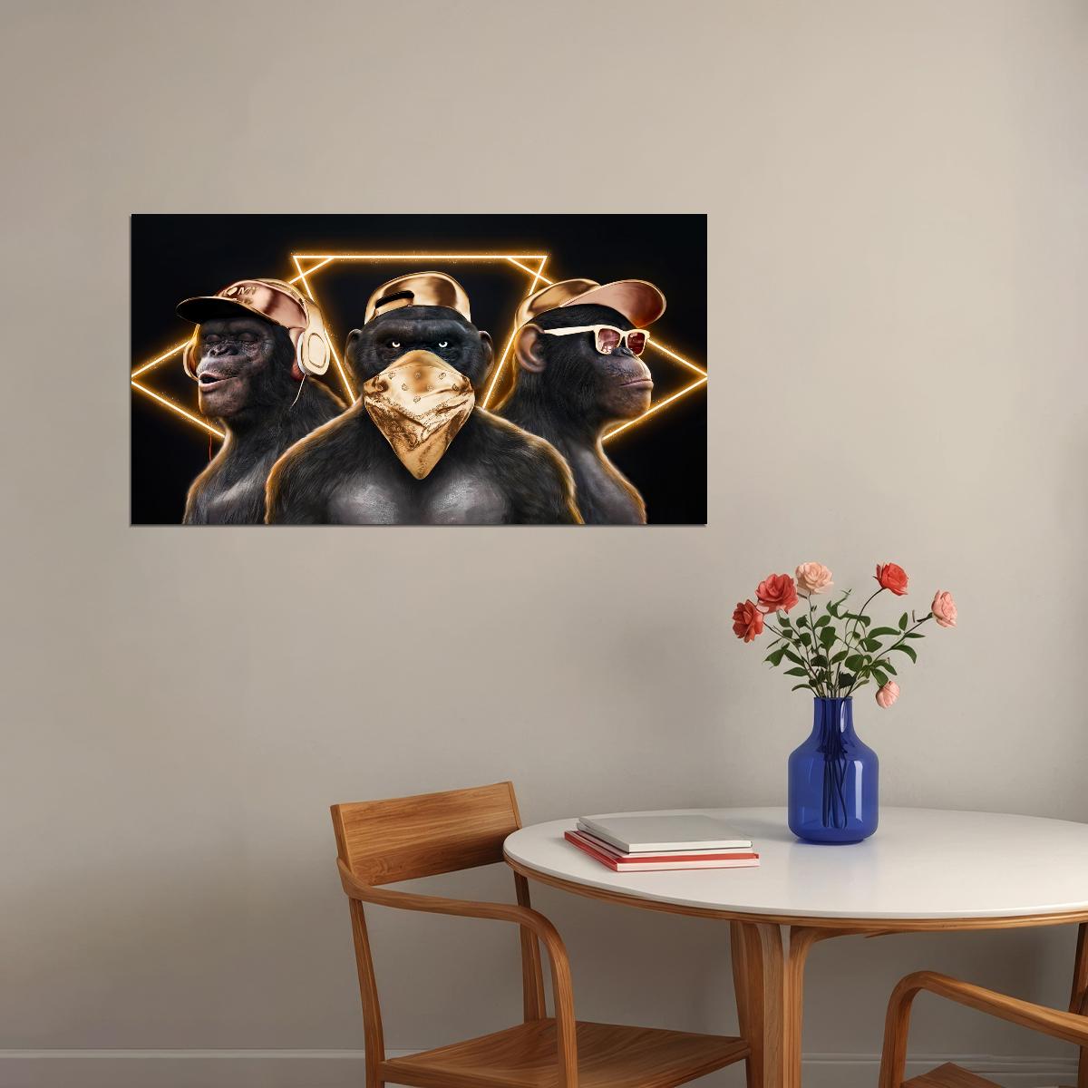 Gold Monkeys Hip Hop Rappers Headphones Caps Snapbacks And Glasses Animal Pop Art Poster - xonomax
