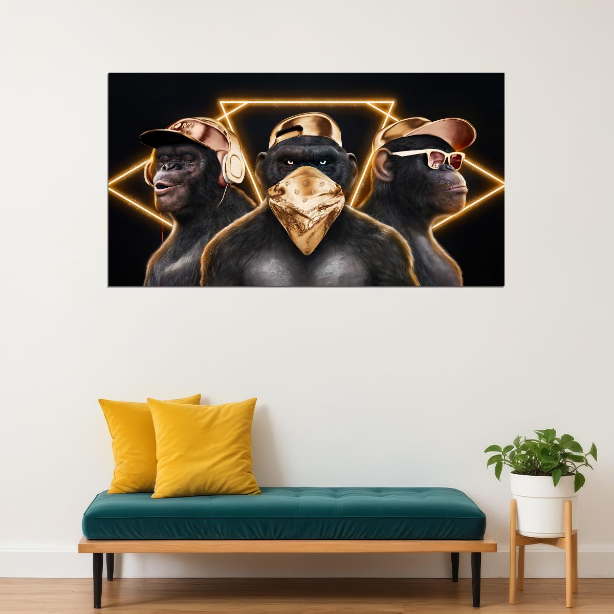 Gold Monkeys Hip Hop Rappers Headphones Caps Snapbacks And Glasses Animal Pop Art Poster - xonomax